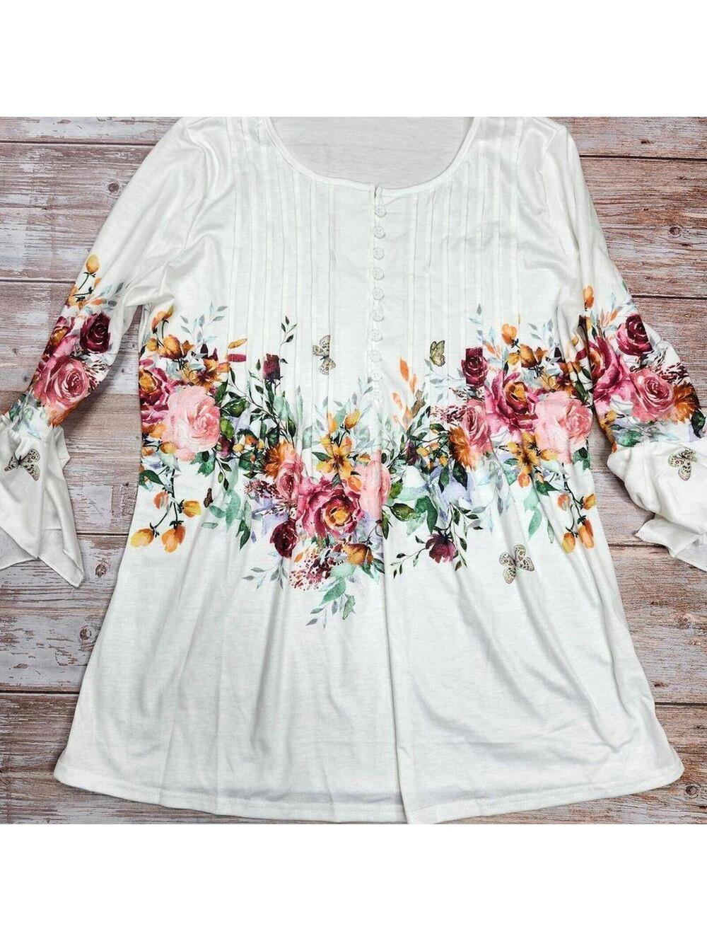 White Floral Women's Tunic with Button Detail Large